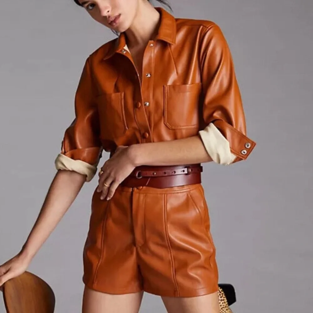 Anthropologie Faux Leather Short Set Top Tan Brown NWT size 10 - Picture 4 of 6